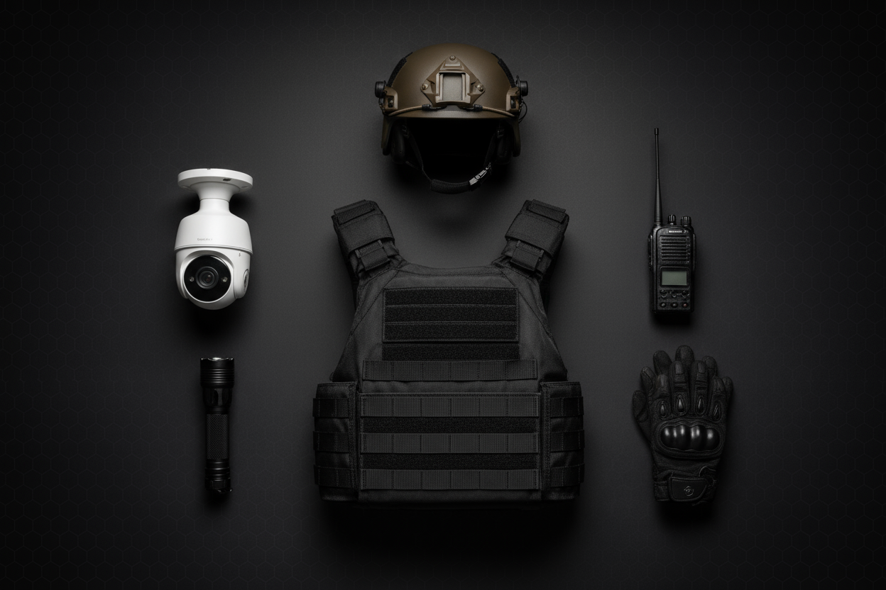 A cinematic flat-lay scene showing a mix of security and preparedness items (CCTV camera, tactical flashlight, body armor vest, walkie-talkie, gloves, and helmet) arranged neatly on a dark matte surface with soft shadows and a faint grid overlay.

Lighting: low-key, professional, metallic reflections

Mood: reliable, elite, modern

Style: realistic, high-resolution 1920×1080px

Perfect for use behind text (not too busy)
