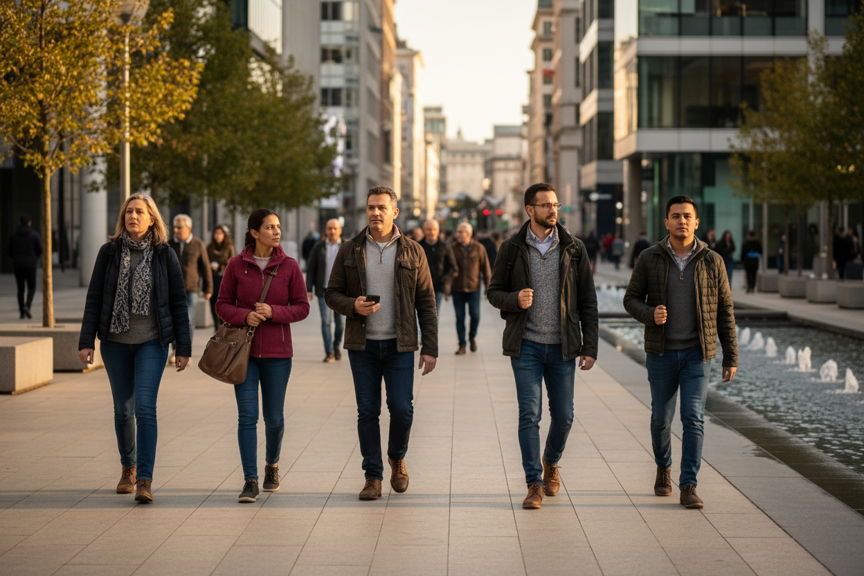 A realistic, calm scene showing everyday civilians in an urban public space. Adults walking confidently in a city environment, maintaining awareness without fear. Subtle cues of preparedness such as attentive posture, calm observation, and personal responsibility. No weapons, no uniforms, no confrontation. Natural lighting, modern cinematic style. Emphasis on awareness, readiness, and responsible behavior.