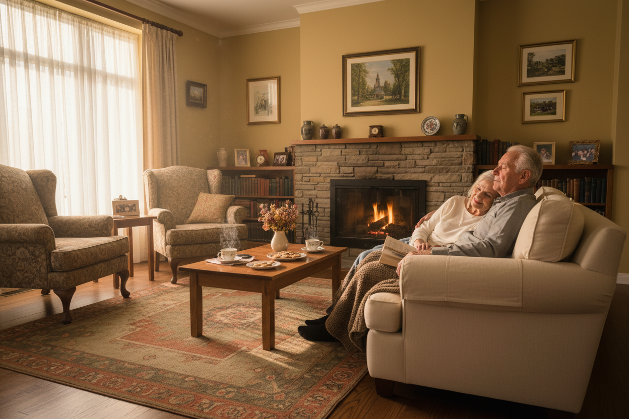 generate a senior couple sitting peacfully home