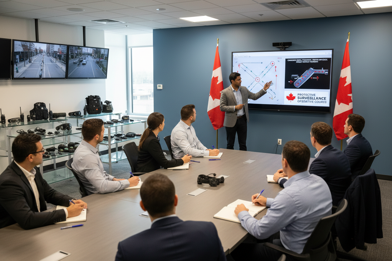 generate an image for this: "Close Protection (CP) and security professionals building surveillance awarenessProtective Surveillance Operatives (PSOs) and candidates preparing for the roleTeam leaders who need shared terminology, frameworks, and operational principlesProfessionals who want Canada-focused legal and reporting clarity"