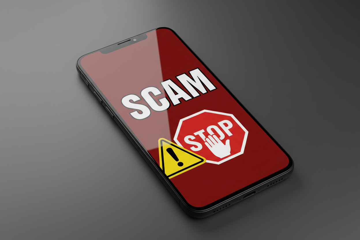 generate an image of a cellphone showing the word SCAM on its screen and have a red sign to emphasize stop SCAM