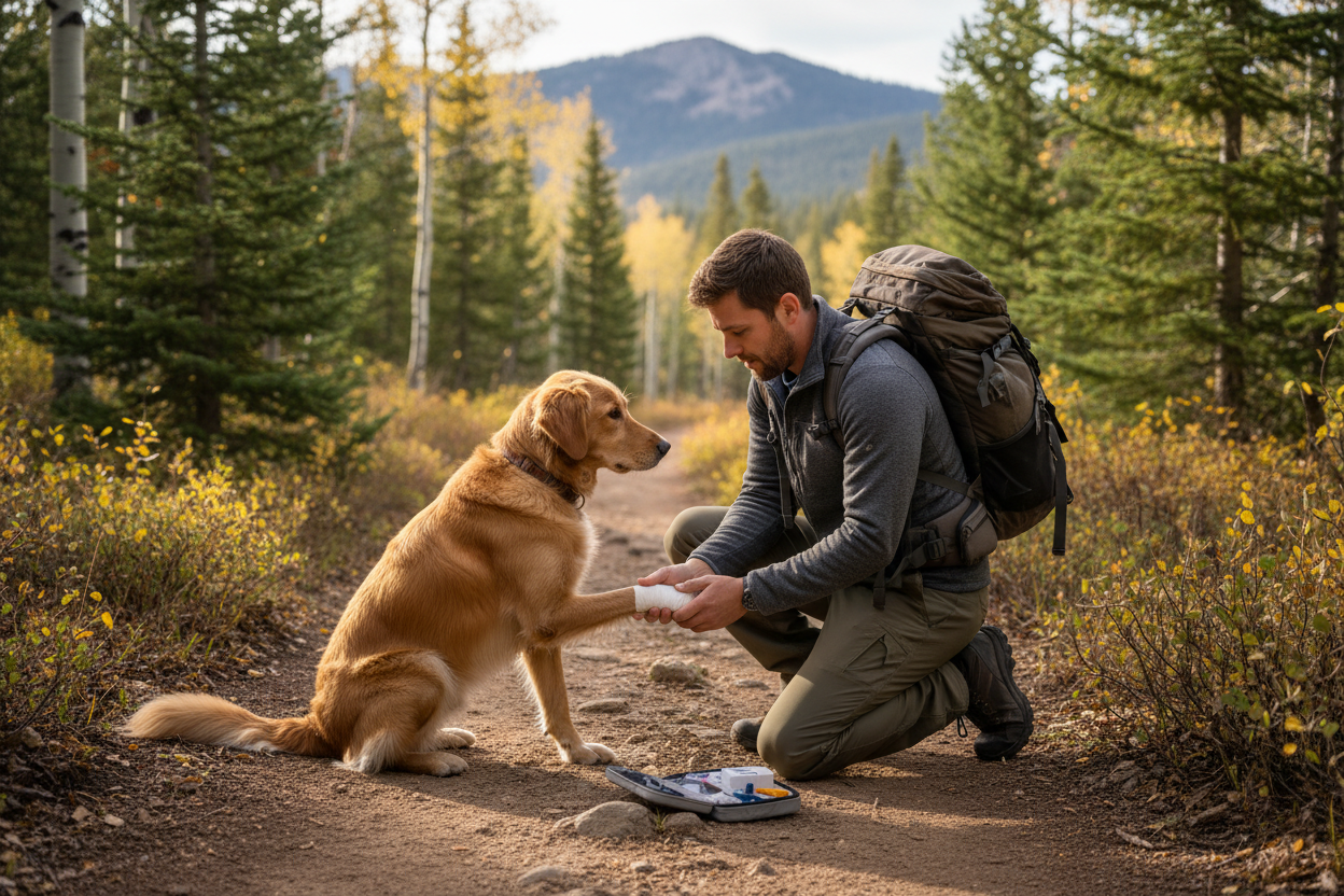 generate an image of a hiker with his dog injured and the hiker provides first aid by bandaging the paw of the dog