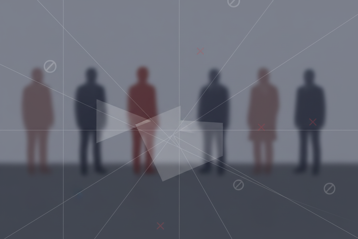 Soft silhouettes of anonymous figures in the background with semi-transparent boundary lines overlaid in front. The boundary lines include subtle “restricted” symbols and red X markers. No faces, no action. Calm, professional tone emphasizing limits and responsibility.